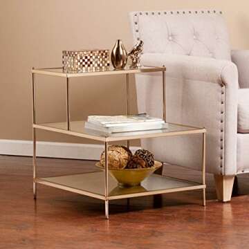 SEI Furniture Knox Mirrored 3-Tier Stair Step Accent Table, 20.5"W X 24"D X 23.75"H, Warm Art Deco Gold
