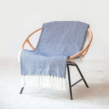 Hofdeco Modern Herringbone Stripes Decorative Knitted Throw Blanket with Fringe for Couch Sofa, 50" x 60", Navy Blue