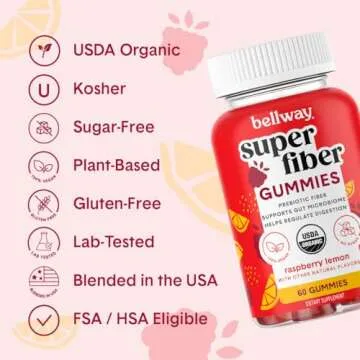 Bellway Super Fiber Gummies for Adults - Sugar Free Organic Fiber Supplement Gummies with 4g of Fiber per Serving - Prebiotic Chicory Root Fiber for Digestive Gut Health, Raspberry Lemon, 60 Count