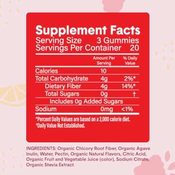 Bellway Super Fiber Gummies for Adults - Sugar Free Organic Fiber Supplement Gummies with 4g of Fiber per Serving - Prebiotic Chicory Root Fiber for Digestive Gut Health, Raspberry Lemon, 60 Count