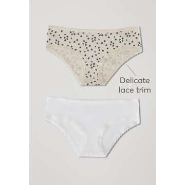Pact Organic Soft Cotton Hipster Panties for Women, No Show Design Cheeky Bikini Underwear, 2 Pack, White/Hazy Petals