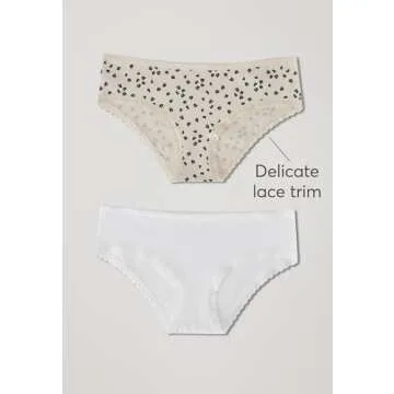 Pact Organic Soft Cotton Hipster Panties for Women, No Show Design Cheeky Bikini Underwear, 2 Pack, White/Hazy Petals