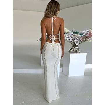 Yuemengxuan Women Sexy Backless Lace up Maxi Dress Elegant Spaghetti Strap Hollow Out Long Dress Party Streetwear (White #04D, S)