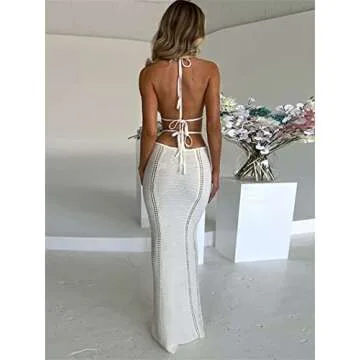 Yuemengxuan Women Sexy Backless Lace up Maxi Dress Elegant Spaghetti Strap Hollow Out Long Dress Party Streetwear (White #04D, S)