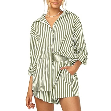 ISZPLUSH Women’s 2 Piece Casual Set - Relaxed Long Sleeve Shirt & Shorts Outfit