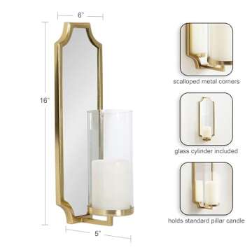 Kate and Laurel Ciel Glam Mirrored Wall Sconce, 6 x 5 x 16, Gold, Modern Scalloped Candle Holder with Removable Glass Cylinder and Mirror for Bathroom or Bedroom Wall Decor