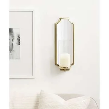 Kate and Laurel Ciel Glam Mirrored Wall Sconce, 6 x 5 x 16, Gold, Modern Scalloped Candle Holder with Removable Glass Cylinder and Mirror for Bathroom or Bedroom Wall Decor