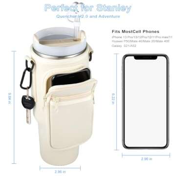 Water Bottle Carrier Bag with Pocket for Stanley 40 oz Tumbler with Handle Neoprene Sports Water Bottle Holder Pouch with Adjustable Strap, Straw Cover Carabiner for Stanley Cup Accessories