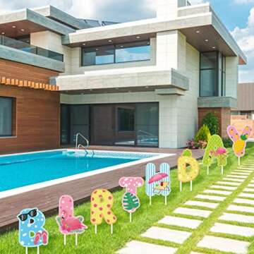 Hawaii Happy Birthday Yard Sign Summer Birthday Yard Sign Pink Flamingo Pineapple Birthday Decorations for Outdoor Garden Decoration, Tropical Party Décor, Hawaiian Birthday Party Supplies.