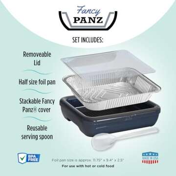 Fancy Panz Classic, Serving Tray for Food, Made in the USA Foil Pan Carrier, Stackable Aluminum Pan Holders with Clear Lid, Travel Casserole Carrier With 1 Disposable Foil Pan & Serving Spoon, Aqua