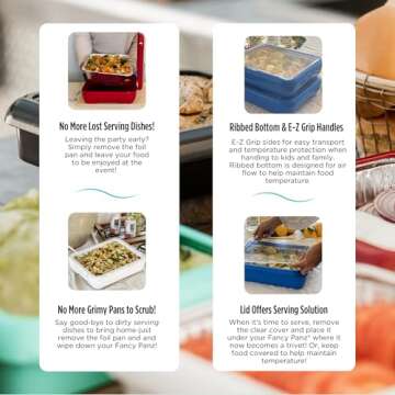 Fancy Panz Classic, Serving Tray for Food, Made in the USA Foil Pan Carrier, Stackable Aluminum Pan Holders with Clear Lid, Travel Casserole Carrier With 1 Disposable Foil Pan & Serving Spoon, Aqua