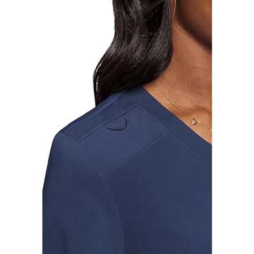 Med Couture Women's V-Neck Scrub Top, Modern Fit Tuck-in Top with Stretchy Rib-Knit Shoulders and Chest Pocket - MC7448, Navy, Small