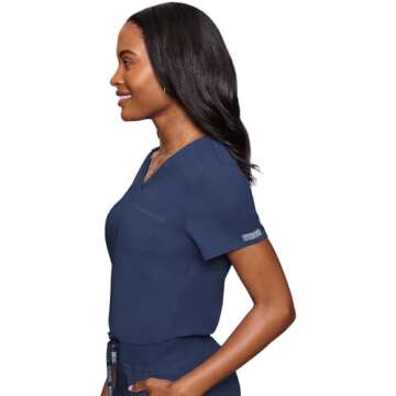 Med Couture Women's V-Neck Scrub Top, Modern Fit Tuck-in Top with Stretchy Rib-Knit Shoulders and Chest Pocket - MC7448, Navy, Small