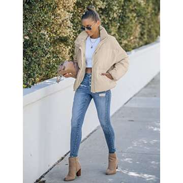 MEROKEETY Women's Winter Long Sleeve Zip Puffer Jacket Stand Collar Baggy Short Coats with Pockets, LightKhaki, L