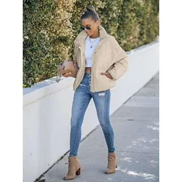 MEROKEETY Women's Winter Long Sleeve Zip Puffer Jacket Stand Collar Baggy Short Coats with Pockets, LightKhaki, L