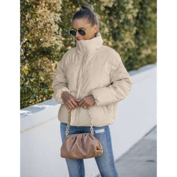 MEROKEETY Women's Winter Long Sleeve Zip Puffer Jacket Stand Collar Baggy Short Coats with Pockets, LightKhaki, L