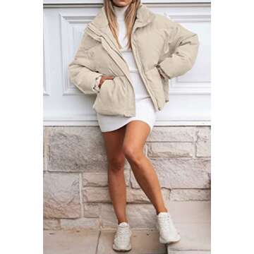 MEROKEETY Women's Winter Long Sleeve Zip Puffer Jacket Stand Collar Baggy Short Coats with Pockets, LightKhaki, L