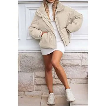 MEROKEETY Women's Winter Long Sleeve Zip Puffer Jacket Stand Collar Baggy Short Coats with Pockets, LightKhaki, L