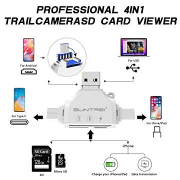 4 in 1SD Card Reader for iPhone iPad,Micro SD Card Reader Memory Card Reader Plug and Play Trail Camera Viewer SD Card Adapter,Simultaneous Charging and Card Reading Micro SD Card Adapter
