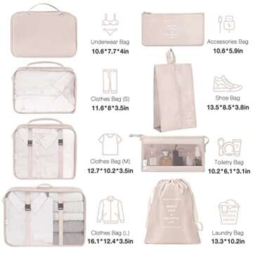 8 Set Packing Cubes for Suitcases,Packing Cubes with Shoe Bag, Cosmetics Bag, Clothing Bag, Accessories Bags Packing Cubes for Travel Luggage Organizer Women Men(Beige)