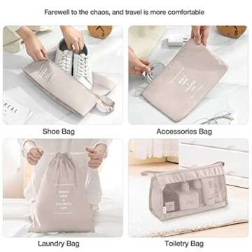 8 Set Packing Cubes for Suitcases,Packing Cubes with Shoe Bag, Cosmetics Bag, Clothing Bag, Accessories Bags Packing Cubes for Travel Luggage Organizer Women Men(Beige)
