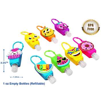 KINIA 8 Pack Empty Mixed Kids Hand Sanitizer Travel Size Holder Keychain Carrier, 8-1 fl Oz. Flip Cap Reusable Empty Portable Bottles (8-Variety Pack MIXED)