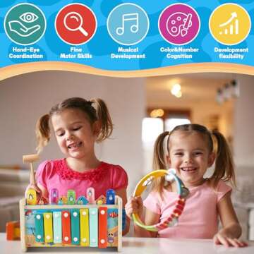 GENTEACO 7 in 1 Hammering Pounding Toy Wooden Montessori Toys for 3 Year Old, Sensory Toys with Xylophone and Fishing Game for Toddlers 1-3, Educational Learning Toys for Kids Activities Gift