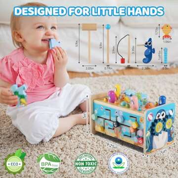 GENTEACO 7 in 1 Hammering Pounding Toy Wooden Montessori Toys for 3 Year Old, Sensory Toys with Xylophone and Fishing Game for Toddlers 1-3, Educational Learning Toys for Kids Activities Gift