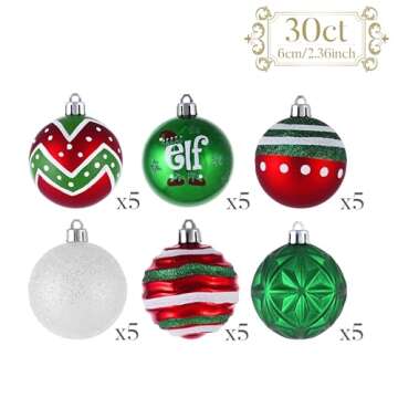 Valery Madelyn Christmas Ornaments Set, 30ct Elf Red Green White Shatterproof Christmas Tree Decorations Set, 2.36 Inch Decorative Hanging Ball Ornaments Bulk for Xmas Holiday Party Indoor Decor