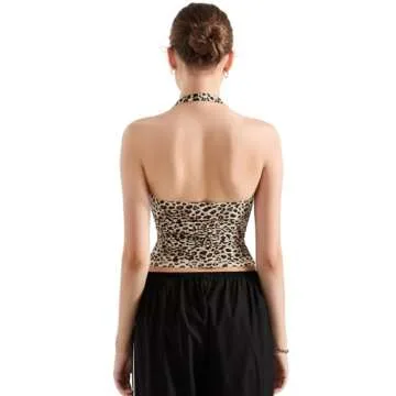 SUUKSESS Women Halter Tank Tops Double Lined Basic Backless Y2K Trendy Going Out Tops (Cheetah Print,S)