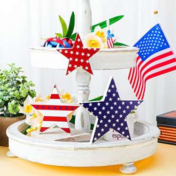 3 Pcs 4th of July table decorations Patriotic Wooden Star Centerpiece Sign Independence Day Tiered Tray Decor Memorial Day Tabletop Decorations for Home Festival Party Decor (Classic)