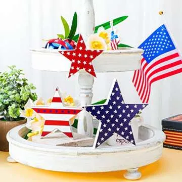 3 Pcs 4th of July table decorations Patriotic Wooden Star Centerpiece Sign Independence Day Tiered Tray Decor Memorial Day Tabletop Decorations for Home Festival Party Decor (Classic)