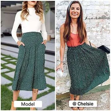 Exlura Womens High Waist Polka Dot Pleated Skirt Midi Swing Skirt with Pockets Green Large