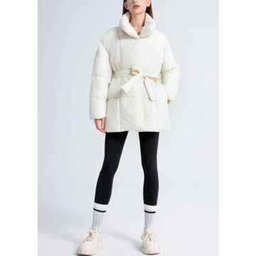 ROMRUM Women's Quilted Puffer Jacket Long Sleeve Lapel Zip Open Front Puffy Padded Coat Winter Warm Outwear with Belt