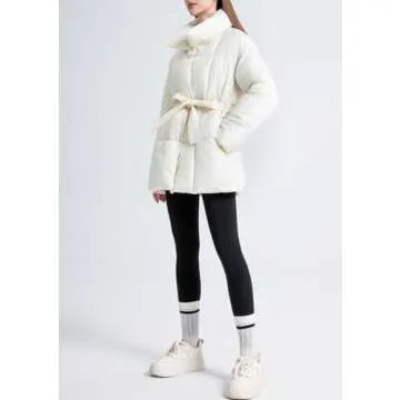 ROMRUM Women's Quilted Puffer Jacket Long Sleeve Lapel Zip Open Front Puffy Padded Coat Winter Warm Outwear with Belt