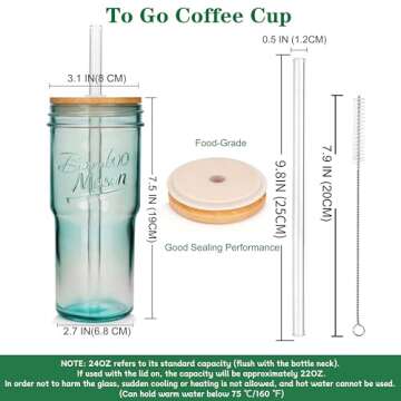 ANOTION Colored Glass Cups with Lids and Straws - 24oz Travel Coffee Mug Wide Mouth Mason Jar Iced C...