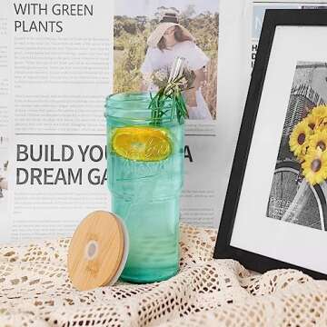 ANOTION Colored Glass Cups with Lids and Straws - 24oz Travel Coffee Mug Wide Mouth Mason Jar Iced Coffee Cup Smoothie Cup Glass Tumbler Tea Cup Clear Cute Water Cups Colorful Drinking Glasses