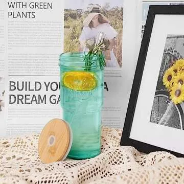 ANOTION Colored Glass Cups with Lids and Straws - 24oz Travel Coffee Mug Wide Mouth Mason Jar Iced Coffee Cup Smoothie Cup Glass Tumbler Tea Cup Clear Cute Water Cups Colorful Drinking Glasses