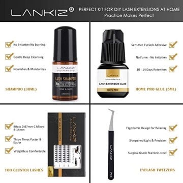 Home PRO DIY Lash Extension Kit for Home Use - LANKIZ Luxury Eyelash Extensions System for Self Application - Pack of Individual Sensitive Eyelash Extension Glue, Lash Tweezer & Shampoo
