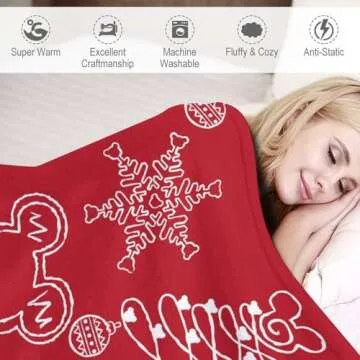 Cute Christmas Blanket Gingerbread Throw Blanket Soft Warm Candy Cane Snowmen Lightweight Flannel Plush Fuzzy Blankets Gift for Women Kids Boys Teens, Red, 50x60 inches