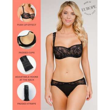 Rosme Women's Balconette Bra with Push Up Effect – Plus Size Sexy Lace Demi Half Cup Bra – Lightly Padded Underwired Low Cut Mesh Design Eliza, Black, Size 38DD