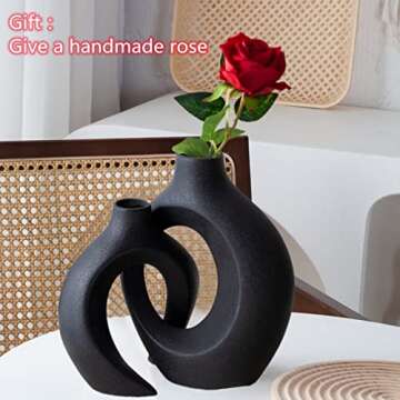 Levvohd Black Hollow Ceramic Vase Set of 2, Snuggle Round Boho Donut Modern Vase Nordic Minimalist D...
