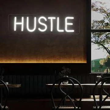 Hustle Neon Sign for Wall Decor - Large LED Neon Light Sign 19.7x5 Inch, Cool Home Gym Signs USB Powered for Office, Man Cave, Gaming Room Art Decor (White)