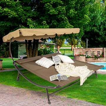 Sunnyglade 6.6'L x 6.5'W Patio Double Chaise Lounge Bed with Canopy,Headrest Pillow and Wheels,Portable Outdoor Hammock Bed for Backyard,Lawn,Garden,Courtyard,Brown