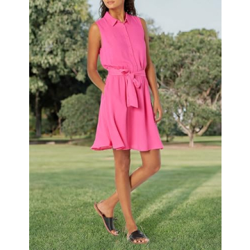 Stylish Women's Sleeveless Relaxed-Fit Shirt Dress in Hot Pink