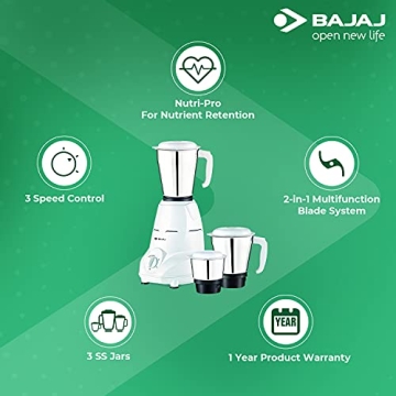 Bajaj Rex 500-Watt Mixer Grinder with 3 Versatile Jars