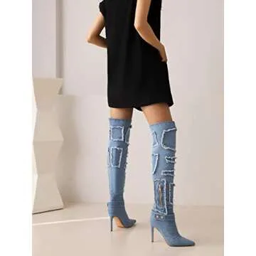 Chic vivianly Denim Thigh High Stiletto Boots for Women