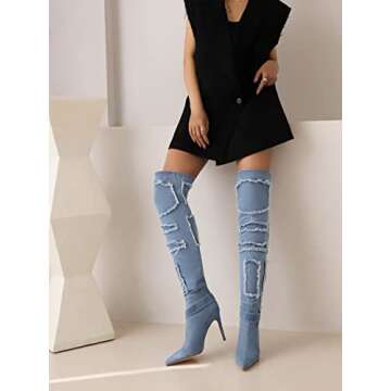 Chic vivianly Denim Thigh High Stiletto Boots for Women