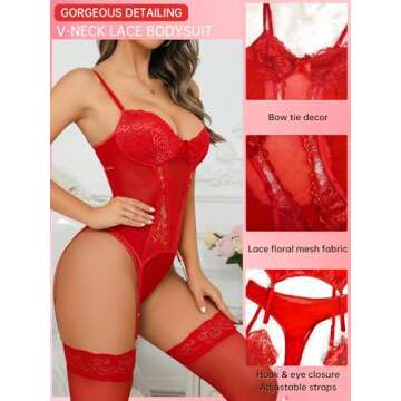 Women's Sexy Lingerie Set with Garter Belt Lace Bodysuit Teddy Baby Dolls Panty with Stockings