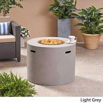 Great Deal Furniture Outdoor 31" Round Light Weight Concrete Propane Burning Fire Pit, Light Gray
